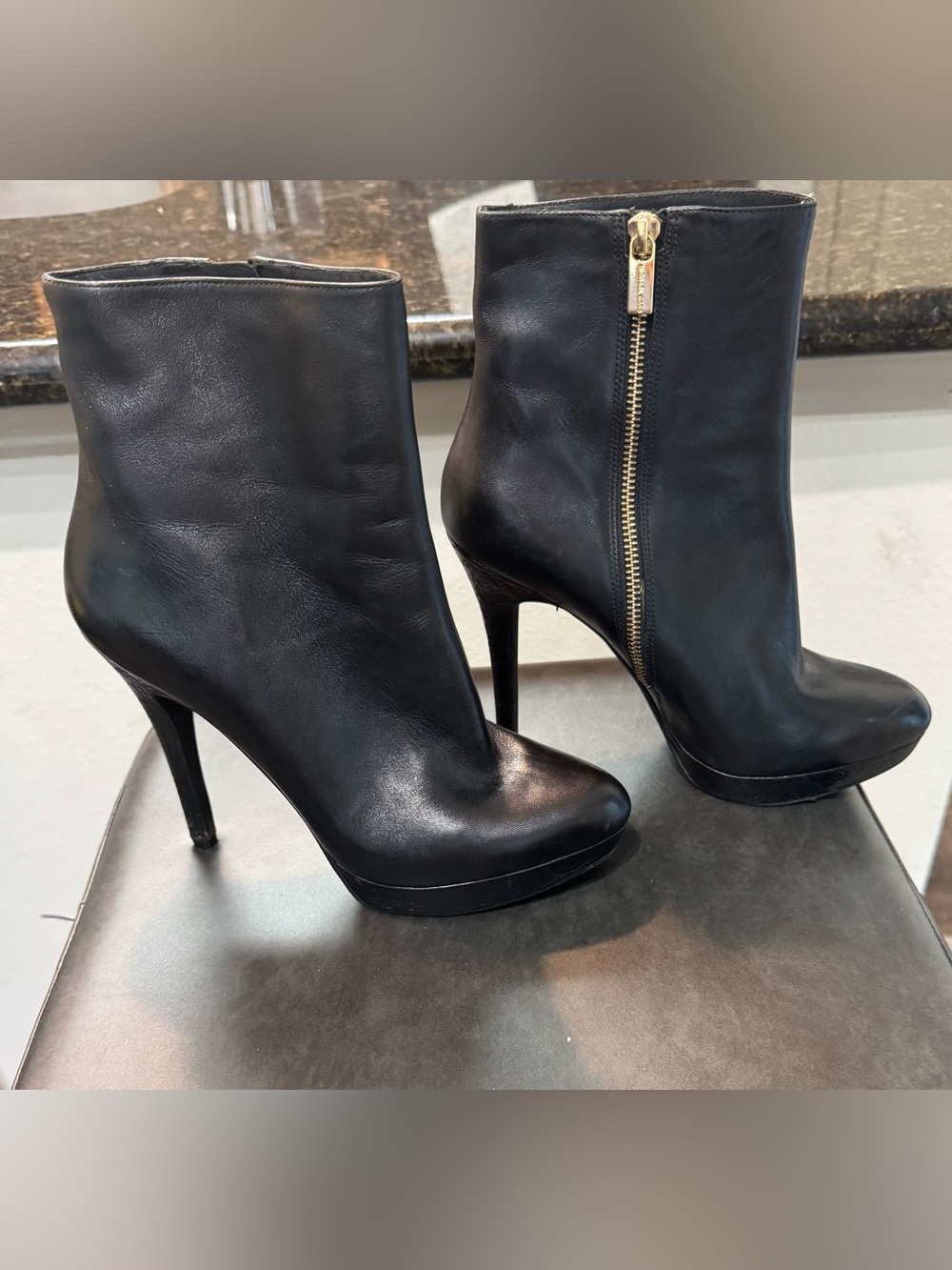 MICHAEL Michael Kors Black Leather Stiletto Ankle Booties with Gold Zip